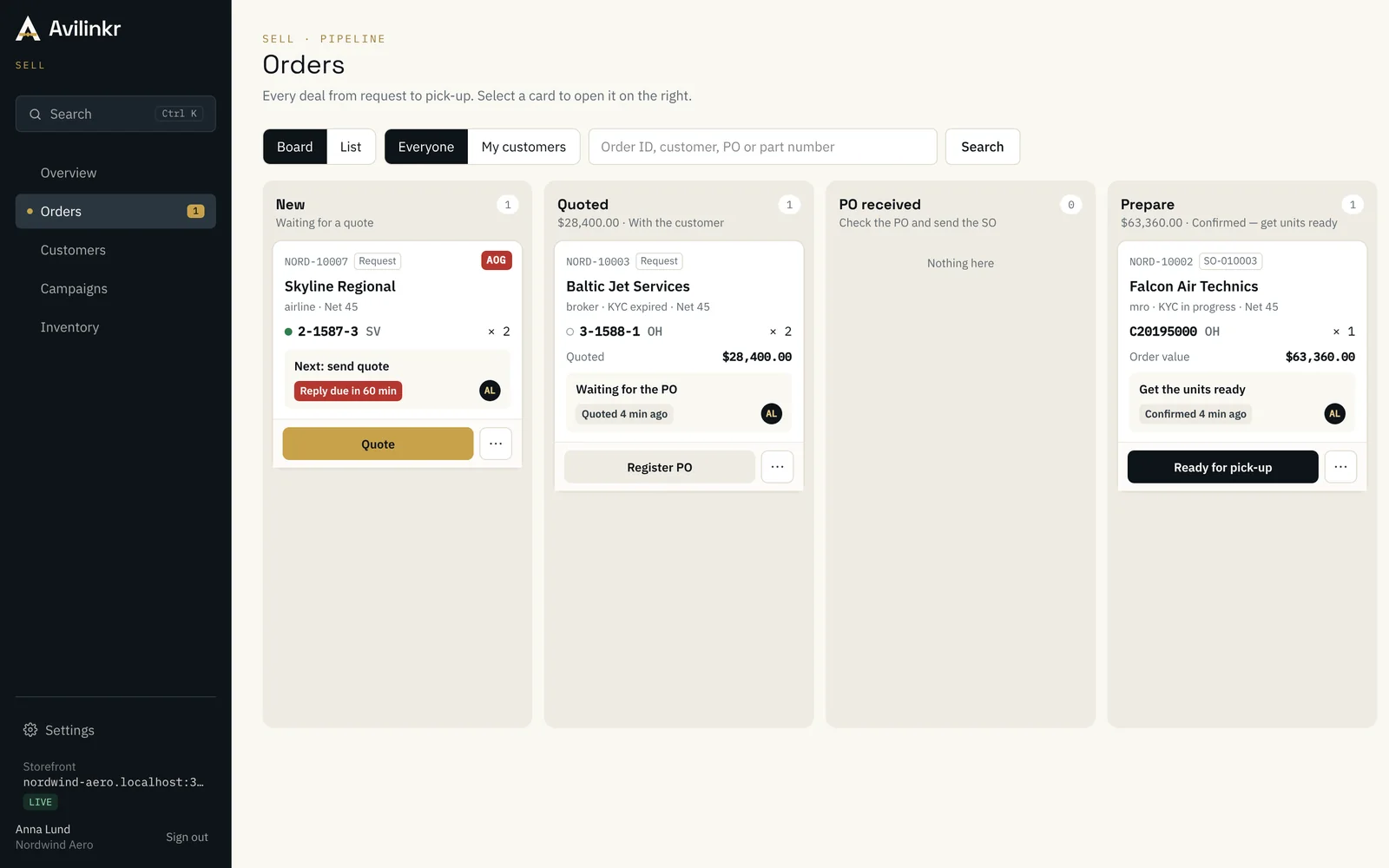 The seller’s orders board with columns for new requests, quoted, PO received and prepare, and an AOG request at the top