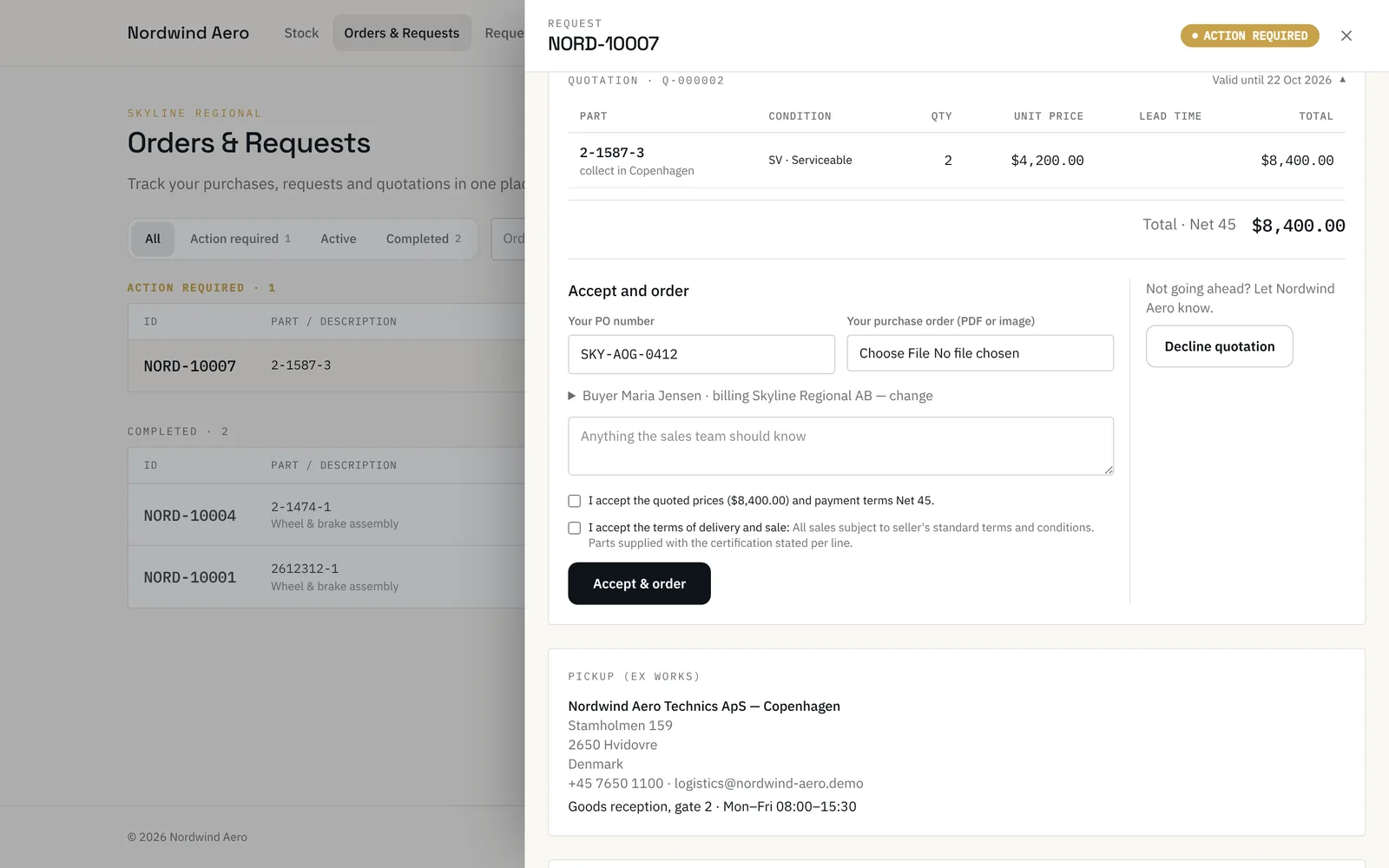 A buyer reviewing a quotation inside their Orders & Requests list, with the PO number already filled in and an Accept & order button