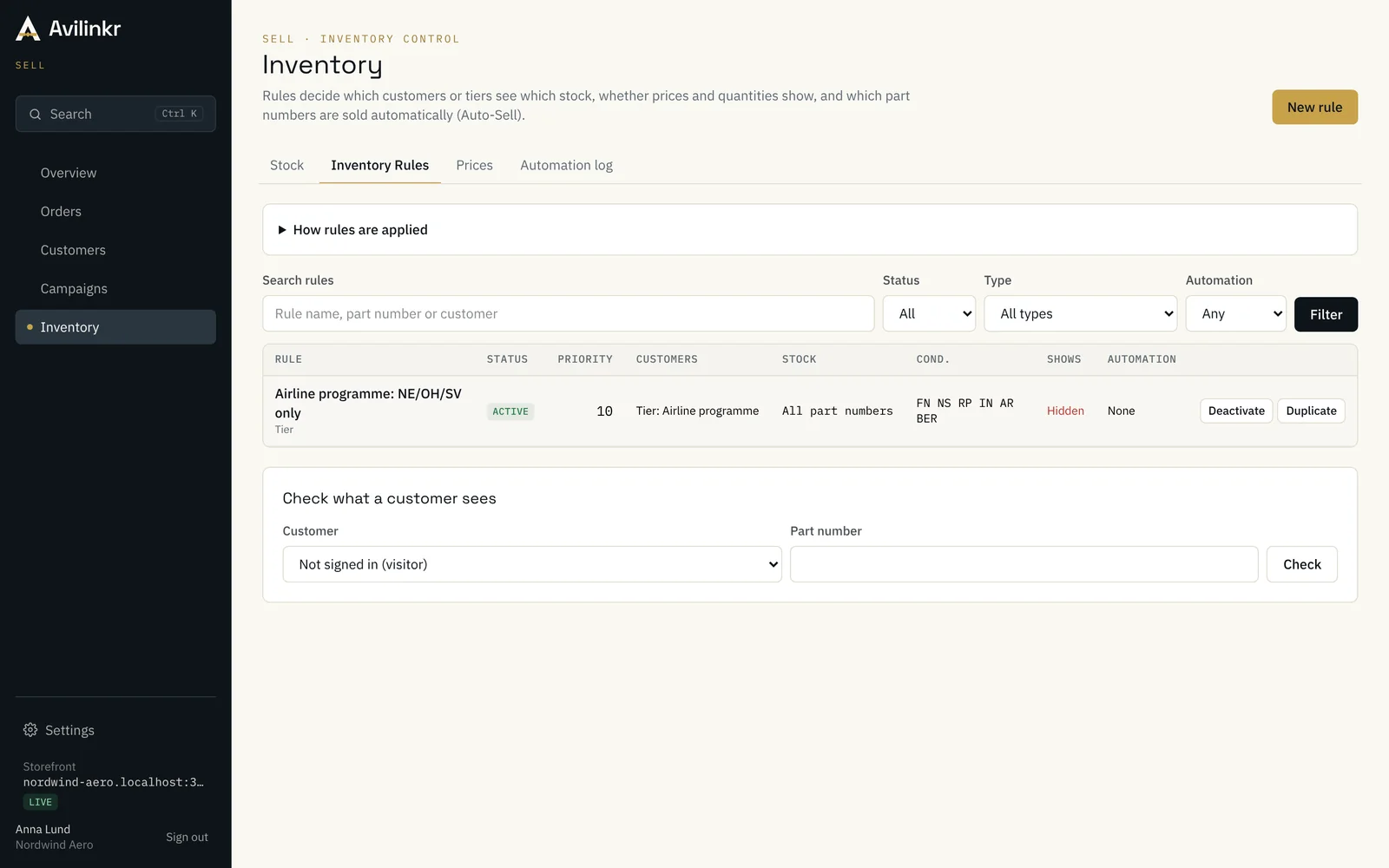 Inventory rules deciding which customers see which stock and prices